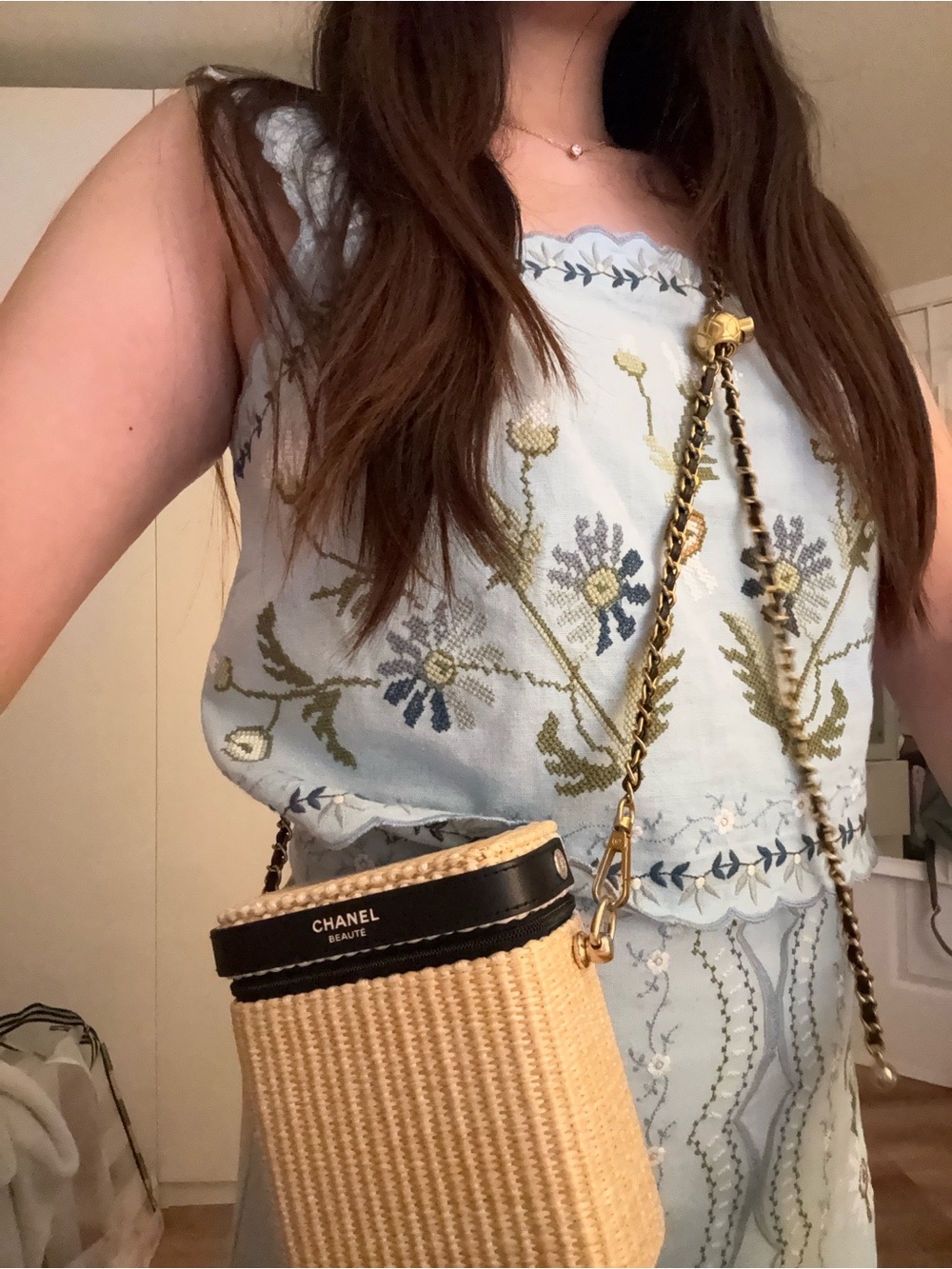 Chanel beaute Beige Woven Crossbody Bag with Black Trim ( include all makeup)